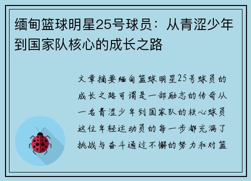缅甸篮球明星25号球员：从青涩少年到国家队核心的成长之路